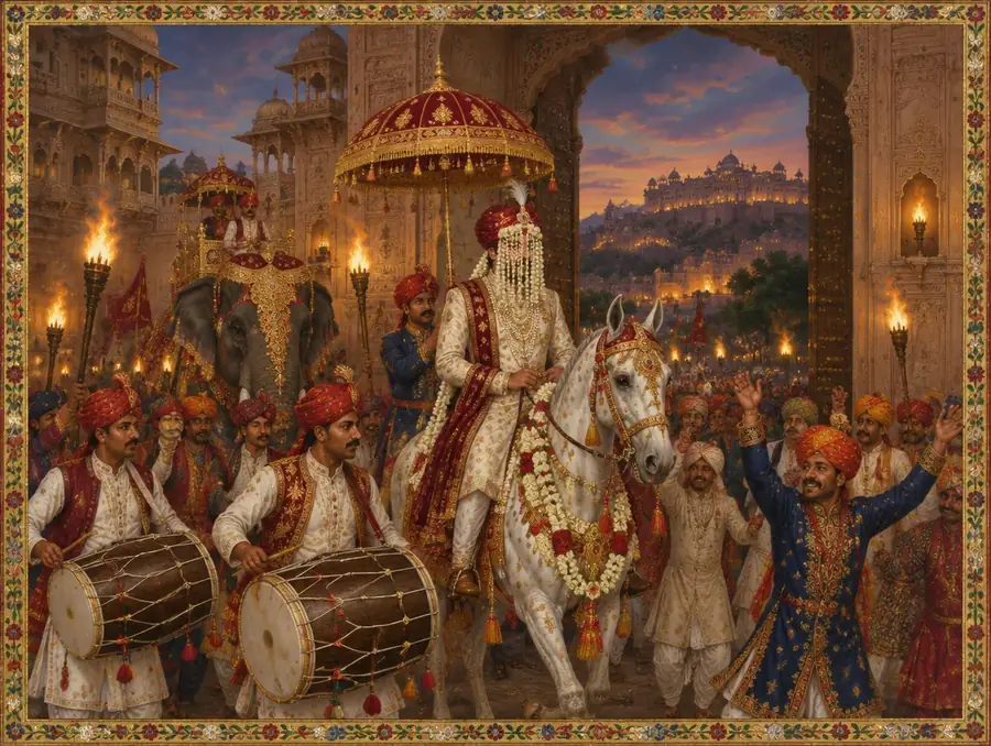 The groom arriving on a white horse with dhol players and a royal umbrella