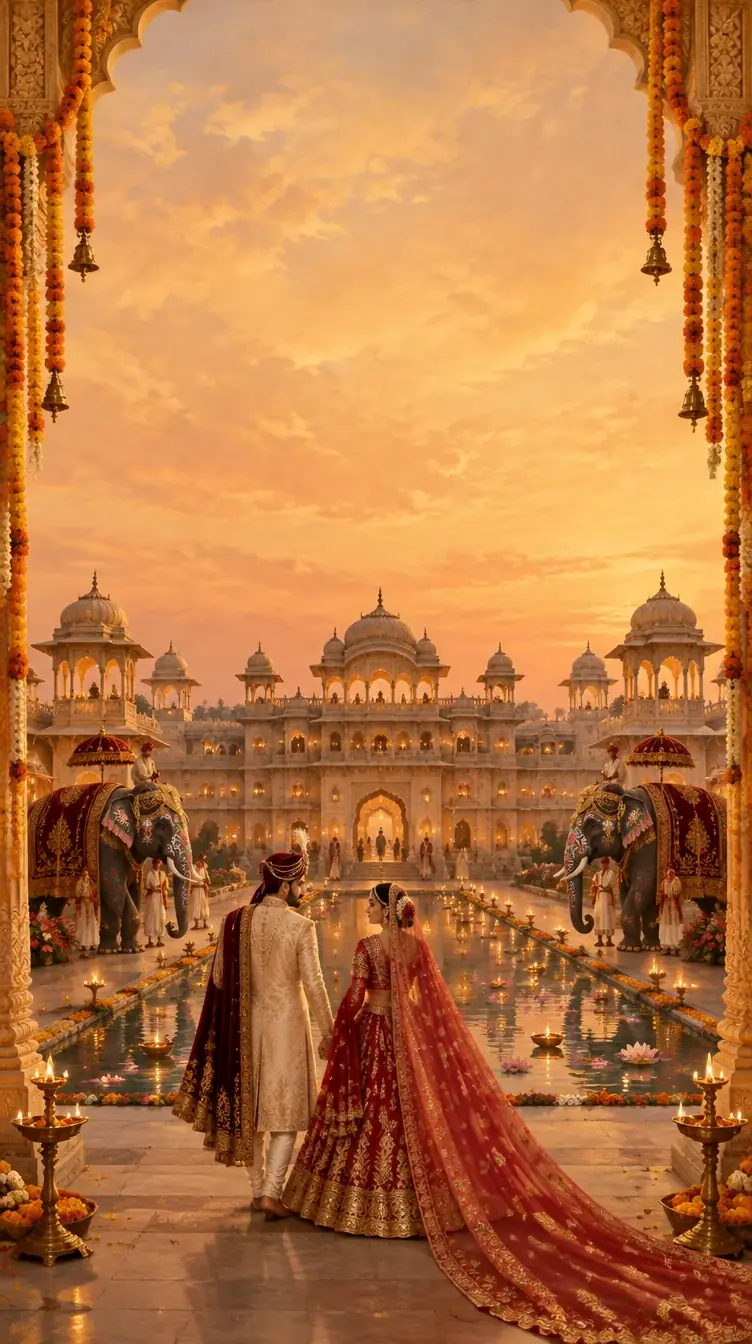 A royal bride and groom walking hand in hand through a palace courtyard with elephants and a lotus pool at dusk