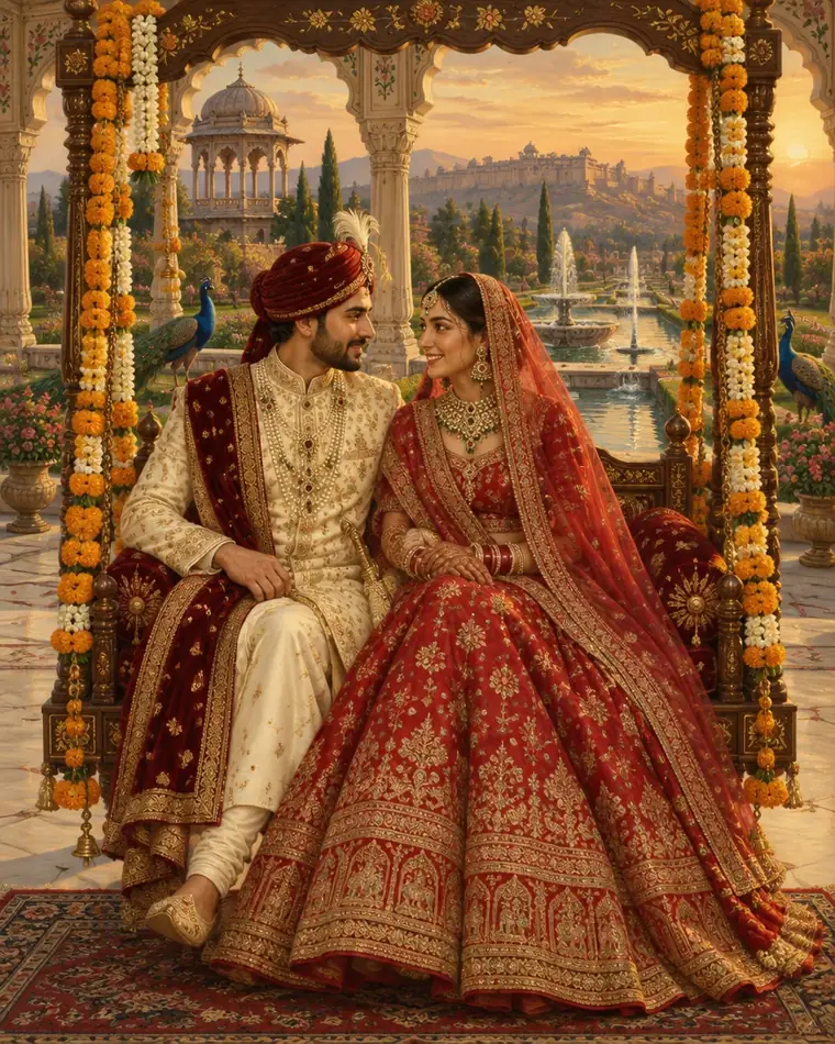 The bride and groom seated together under marigold garlands