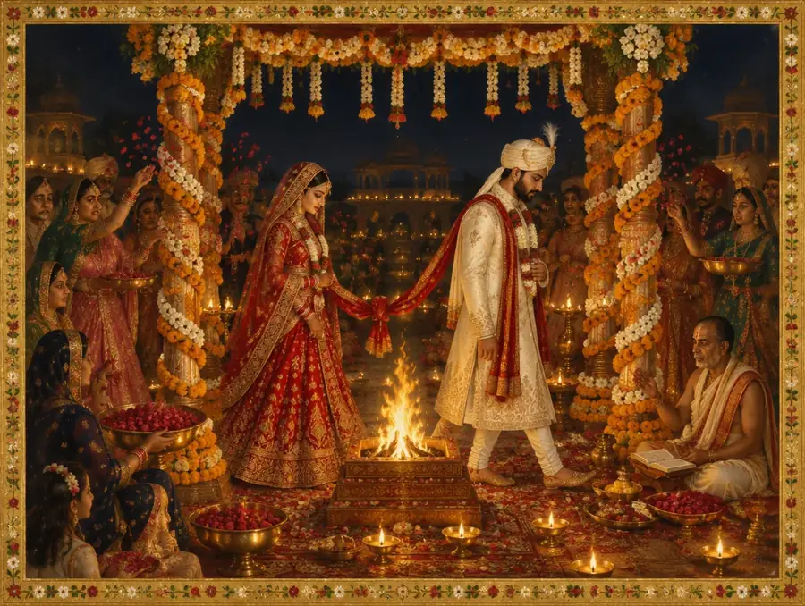 The bride and groom taking pheras around the sacred fire under a marigold mandap