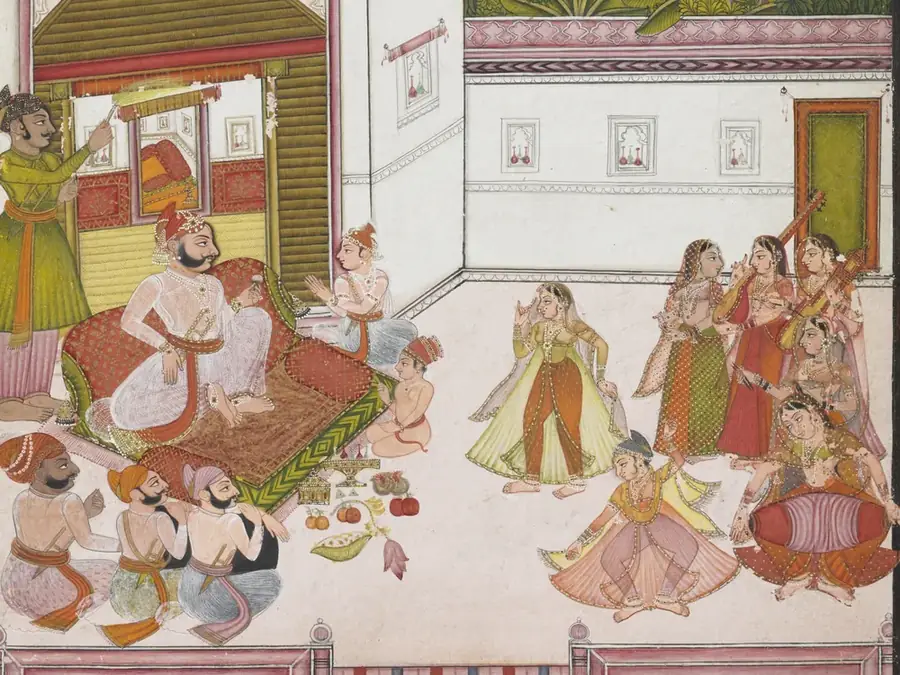 A royal court gathering with music and a spread of fruits, Kotah painting, about 1820