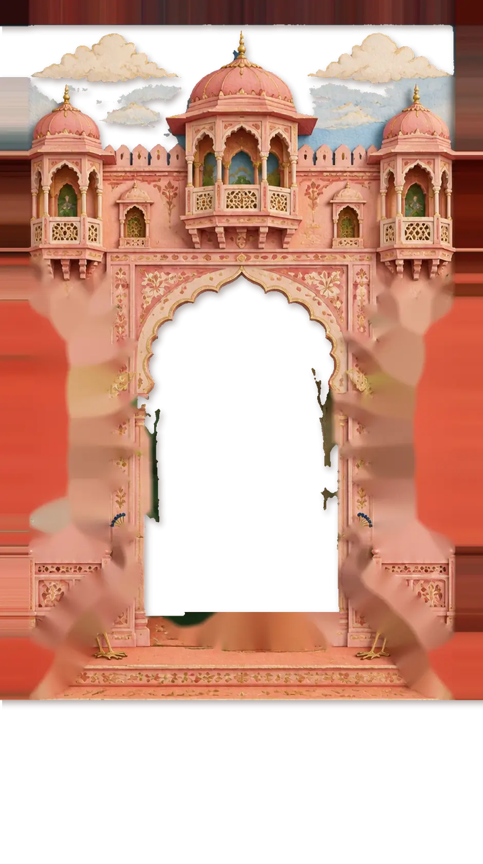 A layered paper artwork of a pink Rajasthani palace